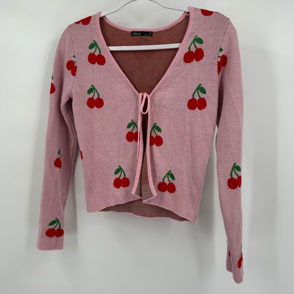 Womens Cottagecore Cropped Cherry Print Cardigan Sweater Sz XS Pink Fruit Pastel
